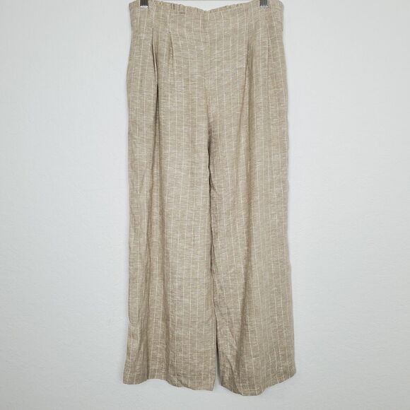 Drew Pants Womens Small Wide Leg Ankle Linen Blend Belted Striped Beige Beachy - Picture 1 of 14
